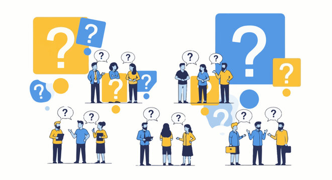 Flat design characters ponder questions against abstract backgrounds with question marks