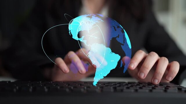 Global network connection visualization showing data exchange, digital link, worldwide communication. Global data flow and digital network infrastructure connecting regions around the world. Thunk