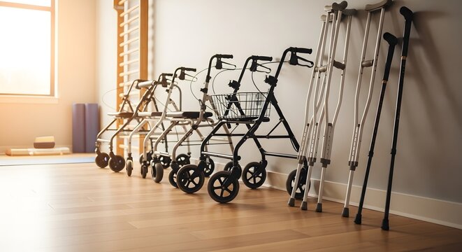 Professionals prepare assistive walking devices for developmental disability rehabilitation on a busy day