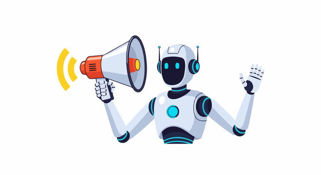 Futuristic robot holding a megaphone and waving hello