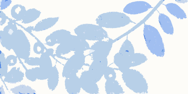 Blue floral branch illustration with textured leaves and delicate stems