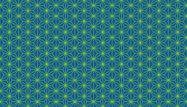Seamless hemp or industrial hemp leaves geometric vector pattern with blue and green repeating floral shapes. Ideal for textile, wallpaper, packaging, cannabis branding,backgrounds, backdrop, cover