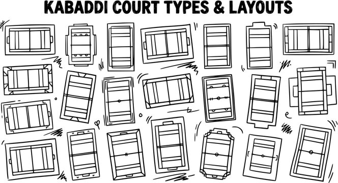 Kabaddi Court Types and Layouts: Black and White Line Art Vector Illustration