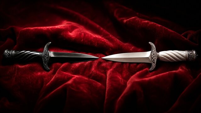 daggers. Two daggers, one black and one white, pointed at each other on red velvet. event programs, museum guides, designed for cultural heritage projects and event programs, supports education.