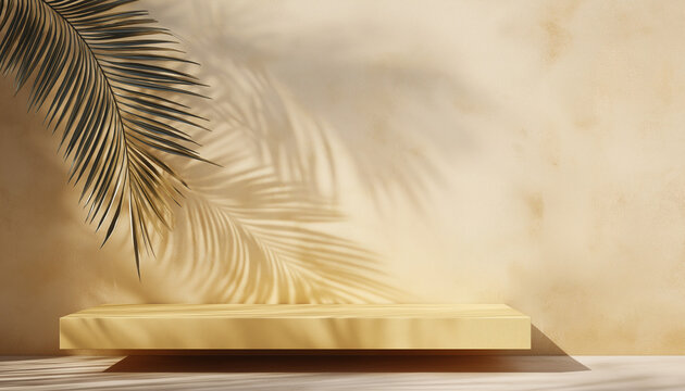  minimalist indoor product photography setup features a white backdrop and a solid white surface. sunlight casts the distinct shadow of a palm leaf