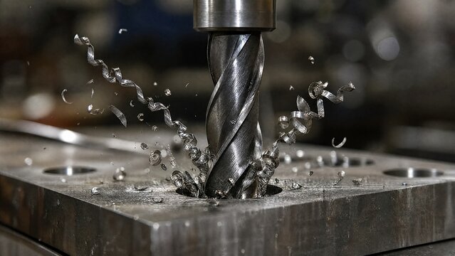 reaming. A metal drill bit reaming a hole in steel, with spiral metal shavings ejecting. safety posters, maintenance manuals, designed for precision metalworking and fabrication facilities.