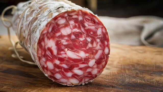salami. A single Italian salami sliced open on a board, revealing intricate marbling of red and white. menu design, packaging mockups, designed for culinary blogs and recipe cards for restaurants.