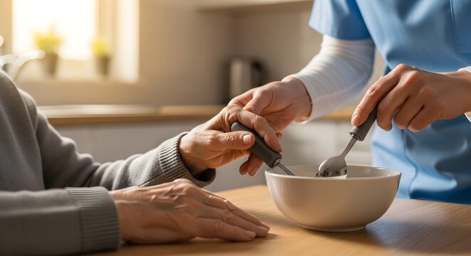 Professionals assist on a day with adaptive utensils for a person with developmental disability.
