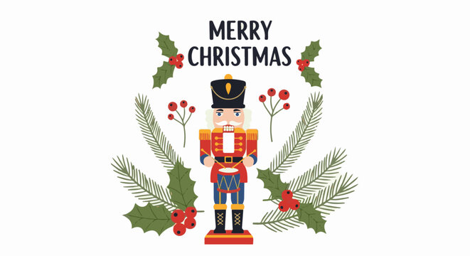 Festive nutcracker drumming amid winter greenery and bright red berries