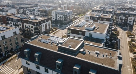 Fototapeta premium Aerial View of Modern Apartment Buildings with Solar Panels, Urban Development