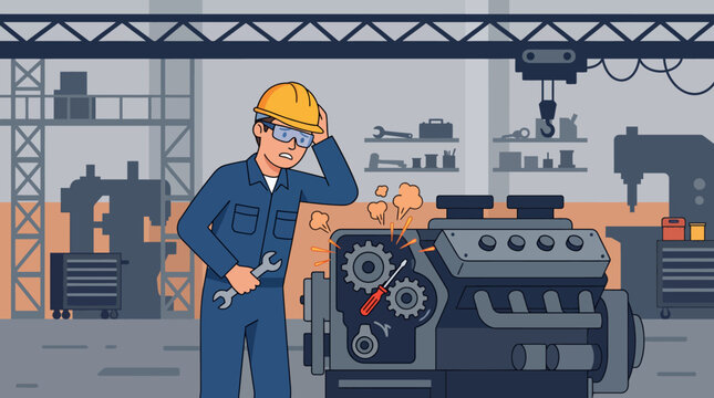 A cartoon worker in an industrial setting.