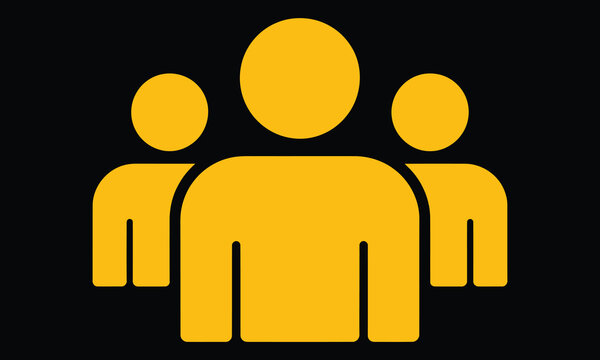 Golden yellow business team icon showing three people, Flat group silhouette style with bold black spacing outlines, Corporate community collection and user avatar icon set element, Modern professiona