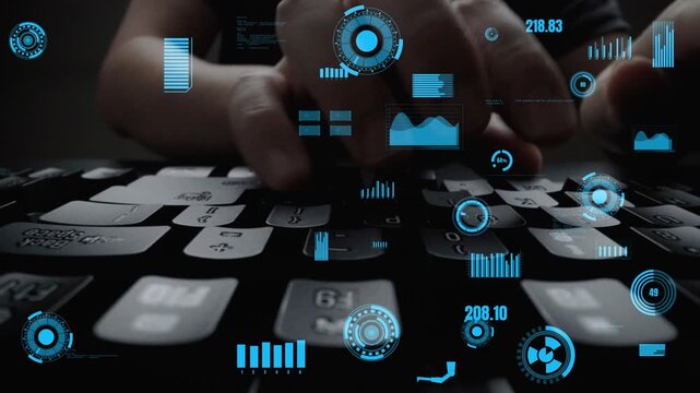 A businessman typing on a keyboard surrounded by digital visuals and data graphics, showcasing modern technology and analytical insights in the office environment. Xenic