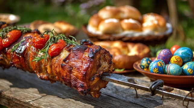Roasted meat cooked on a rotating spit served with fresh tomatoes, herbs, colorful boiled eggs and rustic bread on a wooden outdoor table, festive gathering meal with traditional food spread and natur