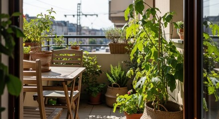 Fototapeta premium Photo-realistic Home Garden: Cozy Urban Balcony with Potted Plants, Wooden Table, and City View