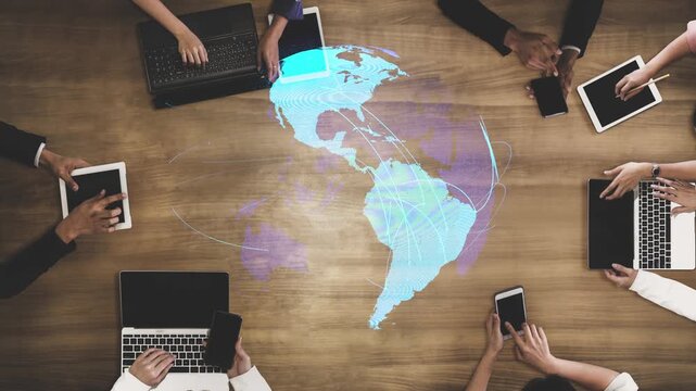 Global network connection visualization showing data exchange, digital link, worldwide communication. Global data flow and digital network infrastructure connecting regions around the world. Thunk