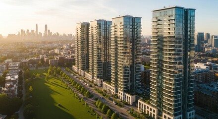 Fototapeta premium Real Estate Architecture: Aerial Photo of Modern High-Rise Residential Towers, Green Park, and City Skyline at Golden Hour