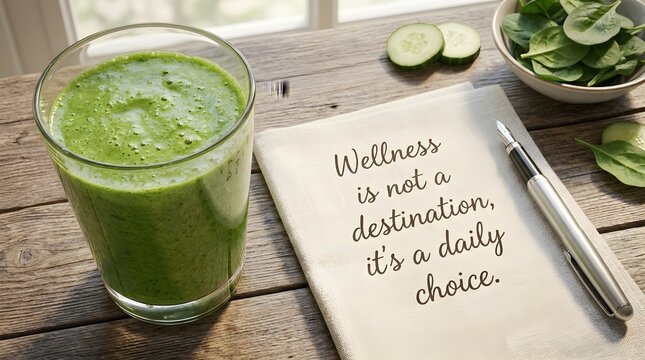 Green smoothie and wellness quote on rustic table
