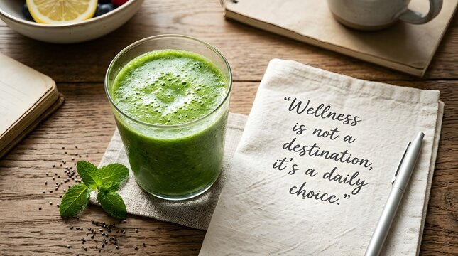 Green smoothie with wellness quote and fresh ingredients on rustic table