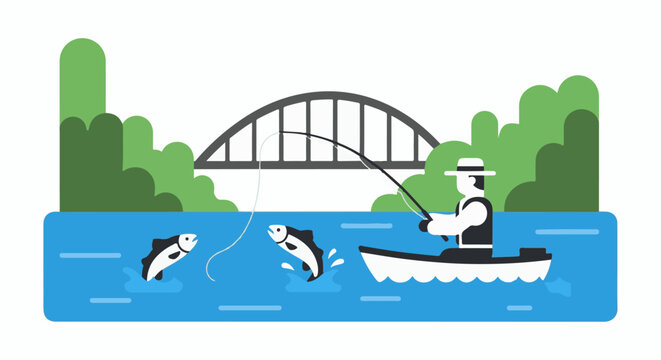 Fisherman in boat catches leaping fish under arched bridge, surrounded by greenery