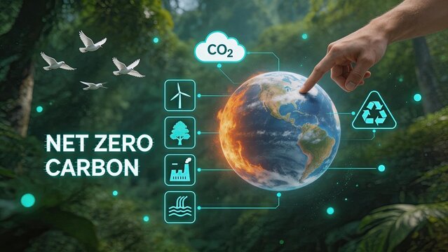 Net zero carbon emission concept showing earth globe with eco icons like wind turbine and recycling in green forest, promoting environmental sustainability, climate action and
