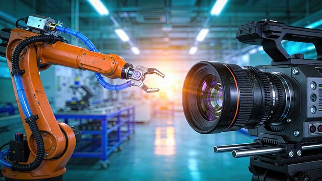Industrial robot arm being filmed by professional camera in modern automated factory production line