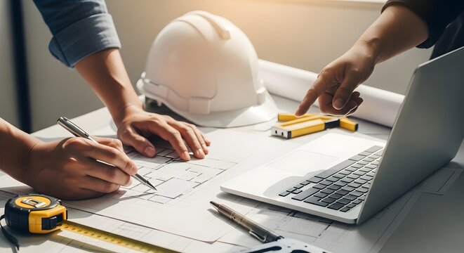 Professional Architects Reviewing Blueprints with Laptop and Hard Hat