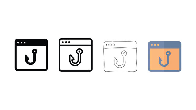 Cyber Security Phishing Icon Set - Web Browser and Fishing Hook Symbols in Three Styles battery charger isolated on white