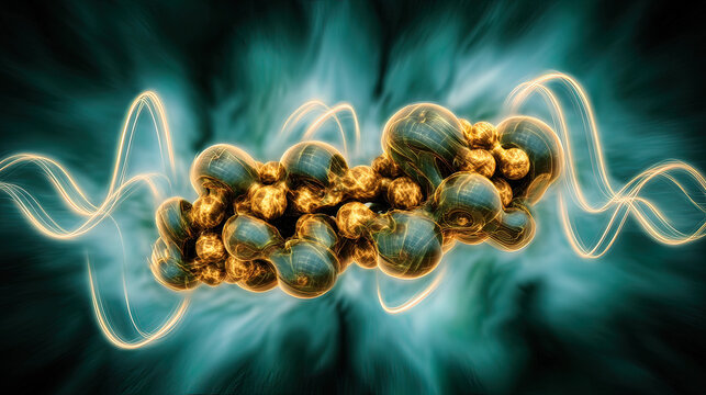 Surreal molecular structure with coffee-hued energy waves activating cells, depicting anti-aging research.
