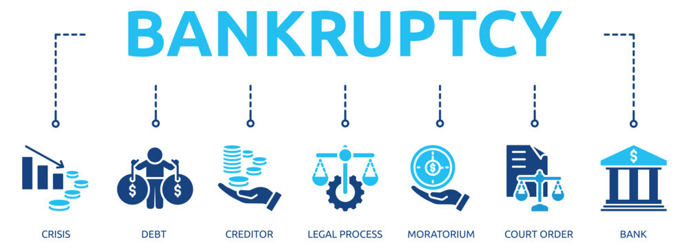 bankruptcy glyph banner icon of crisis, debt, creditor, legal process, moratorium, court order, bank
