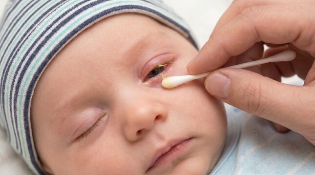 Close-up of a parent's hand cleaning a baby's infected eye with conjunctivitis using a cotton swab