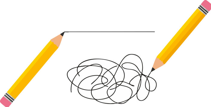Yellow graphite pencil drawing straight line and messy scribble, creative process and problem solving concept vector, school stationery illustration