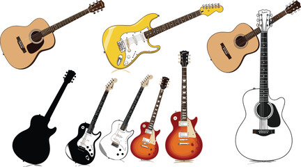 Naklejka premium Nine Mixed Electric and Acoustic Guitar Vector Collection in Colorful and Silhouette Style for Music