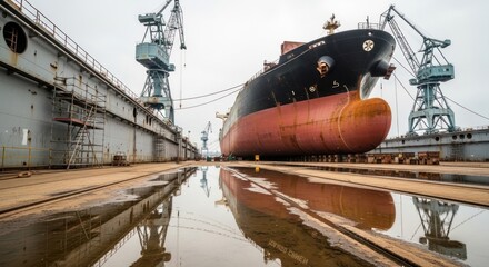 Fototapeta premium Large Cargo Ship in Dry Dock at Shipyard: Photo-realistic Maritime Industry Vessel Maintenance Scene