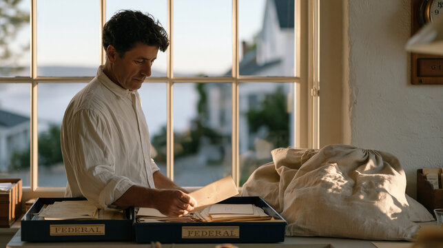 Rural postmaster sorting early harvest season agricultural loan correspondence alone in small post office before opening, canvas mail bags beside federal sorting trays, morning mist visible through 