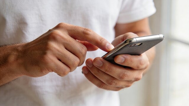 Close up of person hands holding smartphone and typing text message, casual lifestyle communication concept, mobile technology usage in daily life, social media connection,