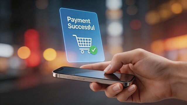Mobile payment successful transaction on smartphone screen, contactless banking and e-commerce shopping cart icon with checkmark, secure online finance and digital wallet concept