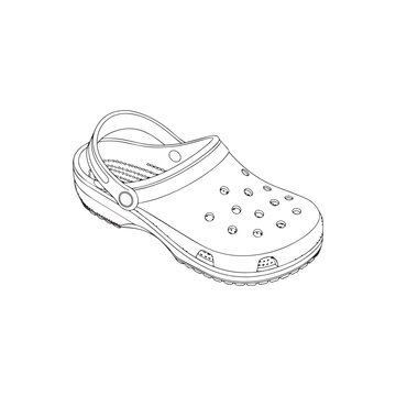 Outline drawing of a clogs shoe with strap and ventilation holes, a detailed ske