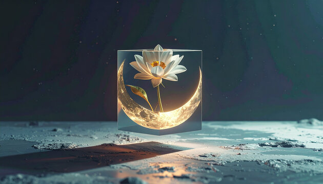Golden crescent moon with white flower on lunar surface