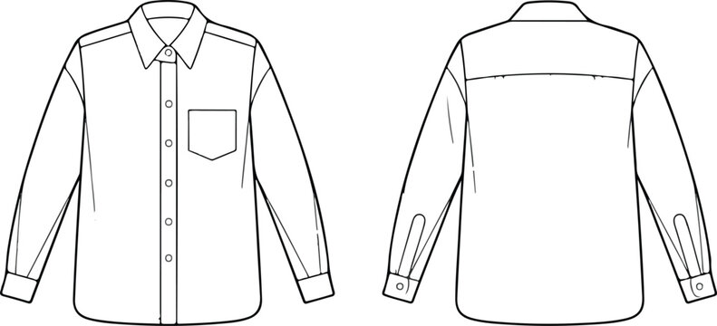Long‑sleeve button‑up shirt vector illustration showing front and back technical flat sketch for fashion and apparel projects