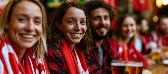 Fototapeta premium Turkish football fans smiling in relief at pub after match with drinks and red scarves