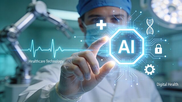 Artificial intelligence AI in healthcare technology, surgeon doctor interacting with futuristic hologram interface, robotic surgery arm background, digital health innovation and