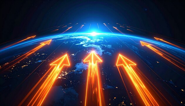 Vibrant orange arrows ascend from Earth's glowing horizon, symbolizing global technological progress.
