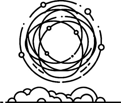 Abstract atomic structure with orbiting particles above clouds