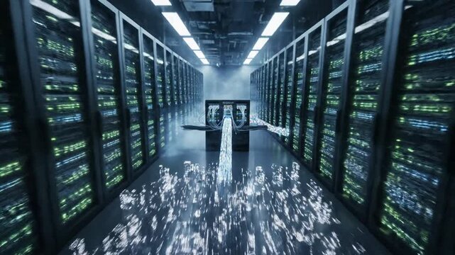 Fiber optic cables in dark high-tech server room.