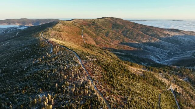 Skrzyczne Mountain Peak Winter Sunrise Flyover