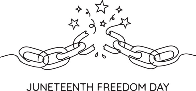 Broken metal chain with stars and confetti, juneteenth freedom day
