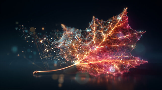 Abstract digital art of a glowing maple leaf with luminous network veins on dark background for wallpaper