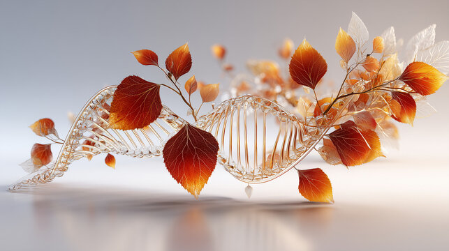 Abstract 3D illustration of a glass DNA double helix intertwined with golden autumn leaves on white background
