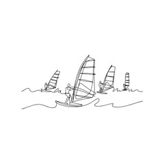 Obraz premium Continuous line drawing of several people windsurfing on ocean waves extreme water sport.